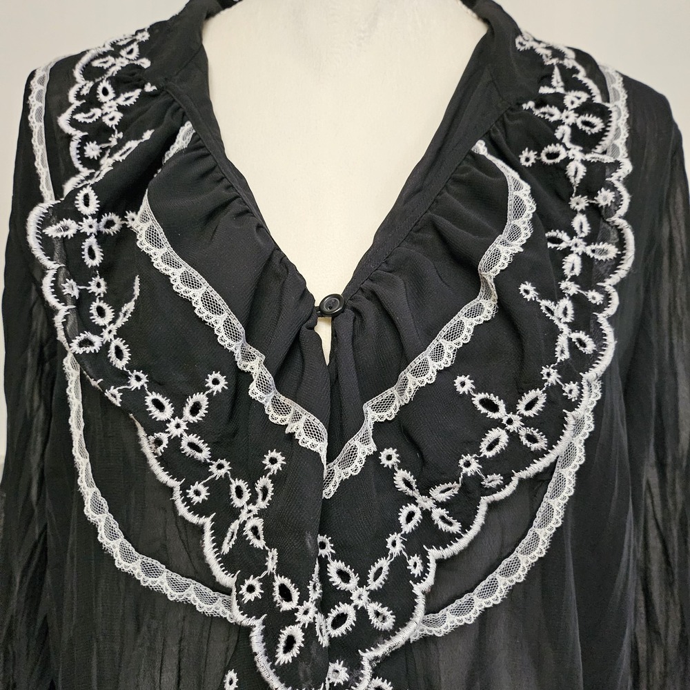 NY Collection Black Ruffle Sheer Blouse with White Embroidery - Picture 4 of 8